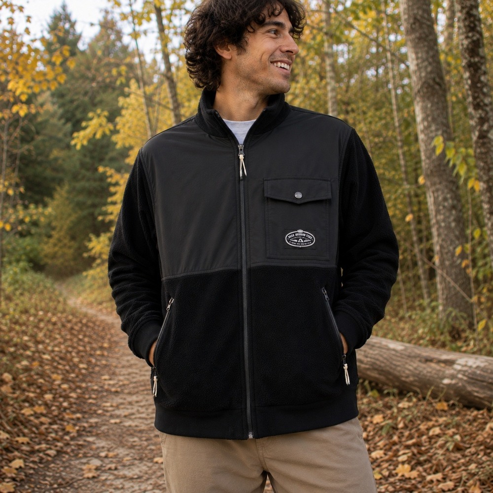 Poler Half Fleece Jacket Black Nylon Panel Full Zip Men's XL Outdoor